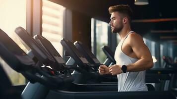 AI generated Young man running on a treadmill in a gym, Cardio routine photo