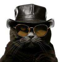 AI generated Funny black cat with sunglasses and cap isolated on white background. photo