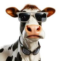 ai generado retrato de un vaca con Gafas de sol aislado en un blanco antecedentes. foto