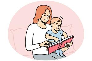 Happy caring young mother with little baby infant reading book together. Smiling loving mom play with small child at home. Motherhood concept. Vector illustration.