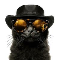 AI generated Funny black cat with sunglasses and cap isolated on white background. photo