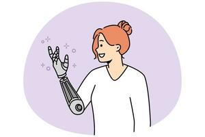 Smiling young woman with bionic arm. Happy female with prosthesis feeling optimistic. Disability and technology. Vector illustration.