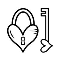 Heart shaped padlock and key vector illustration icon with black outline isolated on white square background. Simple flat minimalist art styled drawing with valentine and love theme.