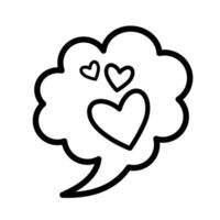 Three hearts inside cloud speech comic bubble vector illustration icon with black outline isolated on white square background. Simple flat minimalist art styled drawing with valentine and love theme.