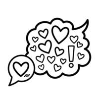 I love your more. Hearts in speech bubble vector illustration icon with black outline isolated on white square background. Simple flat minimalist art styled drawing with valentine and love theme.