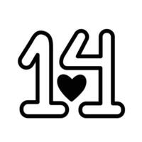 Number 14 with heart vector illustration icon with black outline isolated on white square background. Simple flat minimalist art styled drawing with valentine's day and love theme.