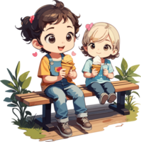 AI generated Two Child Enjoy Ice Cream on Wooden Bench Cartoon png