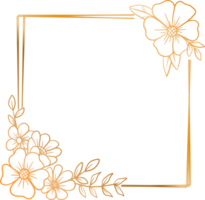 Elegant gold square floral frame with hand drawn leaves and flowers for wedding invitation png