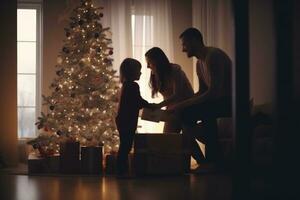 ai generado contento familia con alegre Navidad magia regalo cerca árbol a noche a hogar foto