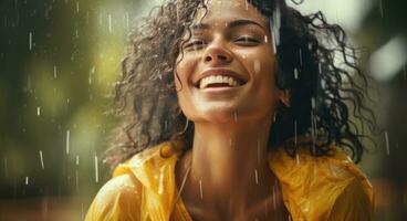 AI generated woman in the rain smiling photo