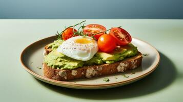 AI generated Two slices of whole wheat toast with avocado spread, sliced tomatoes, and a poached egg. photo