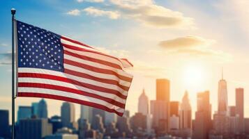 ai generado un poderoso imagen de el americano bandera ondulación en frente de un moderno ciudad horizonte foto