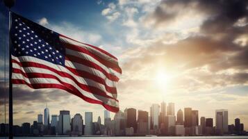 ai generado un poderoso imagen de el americano bandera ondulación en frente de un moderno ciudad horizonte foto