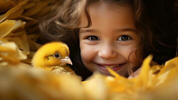 AI generated young girl playing peek-a-boo with a tiny chick, both of them beaming with joy photo