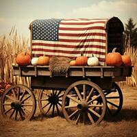 AI generated A rustic image of a wagon filled with pumpkins and hay bales with an American flag draped over them photo