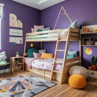 ai generado para niños habitación con un púrpura acento muro, un de madera litera cama con un escalera foto