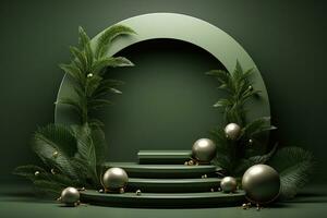 AI generated christmas green podium with wreaths and baubles photo