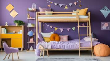 ai generado para niños habitación con un púrpura acento muro, un de madera litera cama con un escalera foto