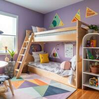 ai generado para niños habitación con un púrpura acento muro, un de madera litera cama con un escalera foto