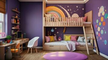 ai generado para niños habitación con un púrpura acento muro, un de madera litera cama con un escalera foto