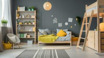 AI generated A cozy children's room with a gray accent wall, a wooden loft bed with a ladder photo