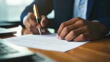 ai generado persona mano participación un bolígrafo, firma un contrato en escritorio con un ordenador portátil y café taza en el antecedentes foto