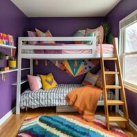 ai generado para niños habitación con un púrpura acento muro, un de madera litera cama con un escalera foto