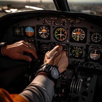 AI generated pilot's hand on the controls of an airplane, with the cockpit instruments visible in the background photo