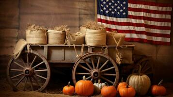 AI generated A rustic image of a wagon filled with pumpkins and hay bales with an American flag draped over them photo