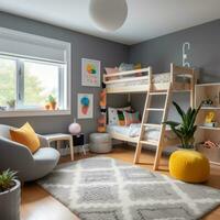 ai generado un acogedor para niños habitación con un gris acento muro, un de madera desván cama con un escalera foto