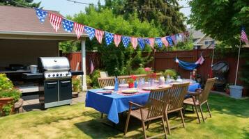 ai generado un divertido y casual foto de un familia barbacoa con americano banderas y verderón decorando el patio interior