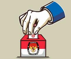 hand inserting a ballot paper in the 2024 Indonesian election, with a red and white ballot box and the election organizer's symbol vector