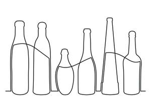 Sketch drawing of a bottle of different shapes in the style of one solid continuous line. Collection of alcoholic drinks vector