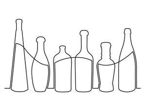 Sketch drawing of a bottle of different shapes in the style of one solid continuous line. Collection of alcoholic drinks vector