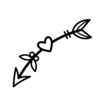 Cupid's love arrow vector illustration icon with black outline isolated on white square background. Simple flat minimalist art styled drawing with valentine and love theme.