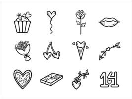 Valetine, love, and romance themed vector icon set collection illustration with black outline isolated on horizontal white background. Simple flat cartoon minimalist art styled drawing.