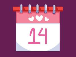 Valentines day date calendar page number 14 with heart decorations vector illustration isolated on horizontal background. Simple flat cartoon art styled valentines day themed drawing.