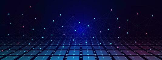 Abstract connecting dots and lines with perspective grid. Network connection, internet technology and science concept background. Vector illustration.