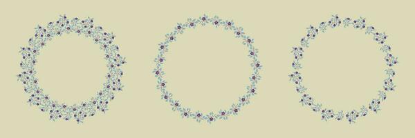 Set of floral isolated vector wreaths, branches with leaves and purple flowers on light grey