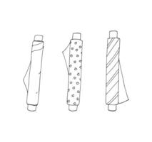 Hand-drawn set of fabric rolls. Sewing textile, and clothing production. Folded fabrics in line icon style, blanket, sheet. Fabric rolls are lying in the stack. vector