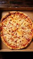 AI generated a pizza box filled with piping hot pizza, ready to be enjoyed at a party or gathering photo