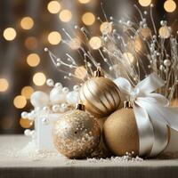 AI generated glamorous Christmas composition with gold and white ornaments and glitter background photo
