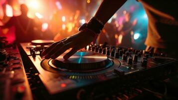 AI generated DJ's hands on a mixing board, with a blurred background of energetic partygoers dancing in the club photo