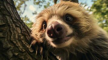 AI generated A sloth hanging upside down from a tree branch, its face peering out from behind its shaggy fur photo