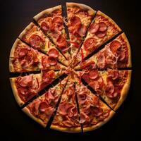 AI generated pizza slices arranged in a spiral pattern, emphasizing the symmetrical beauty of the pizza photo