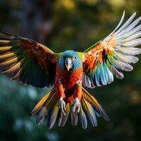 ai generado un vistoso loro en en pleno vuelo, con sus alas untado amplio y sus plumas un arco iris de colores foto