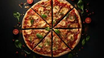 ai generado Pizza rebanadas arreglado en un espiral patrón, enfatizando el simétrico belleza de el Pizza foto