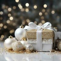 AI generated glamorous Christmas composition with gold and white ornaments and glitter background photo