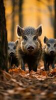 ai generado un familia de salvaje jabalíes alimentándose mediante el bosque piso, su distintivo hocicos y erizado piel en lleno monitor foto