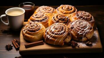 AI generated A flat lay of a wooden table with a variety of baked goods, including cinnamon rolls, muffins photo